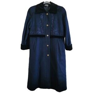 Loring Vintage Coat Size L? Dark Blue Classic Wool Button Up Velvet Collar Cuffs